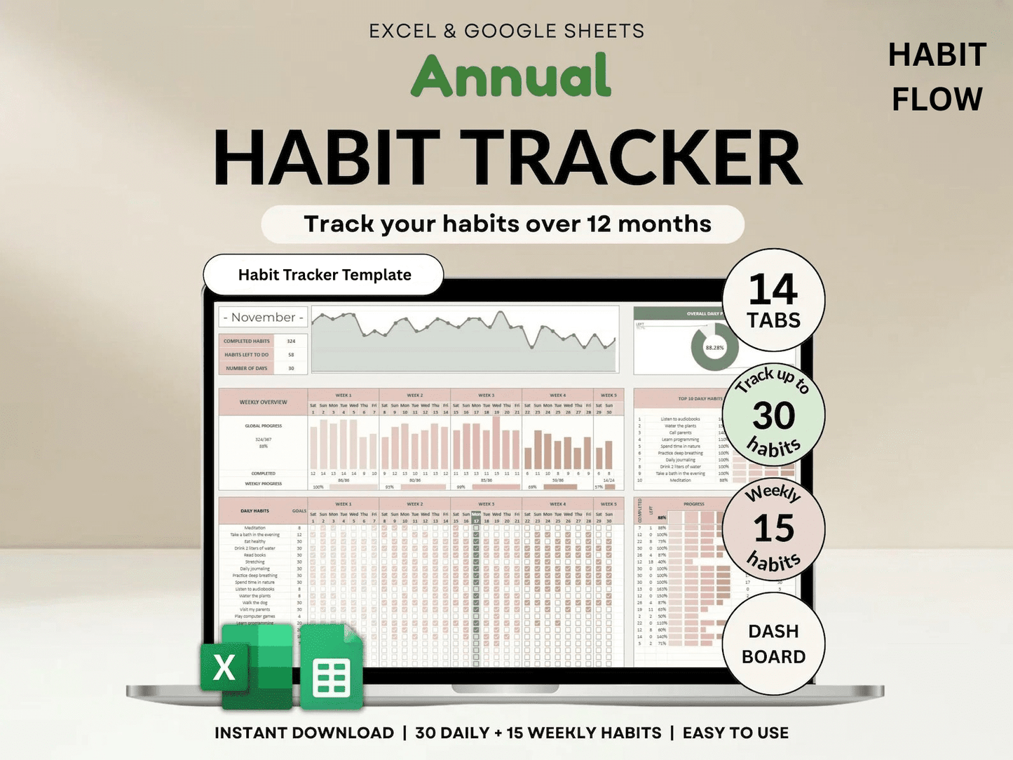 Habit Tracker Spreadsheet Google Sheets Excel Template - Habit Flow